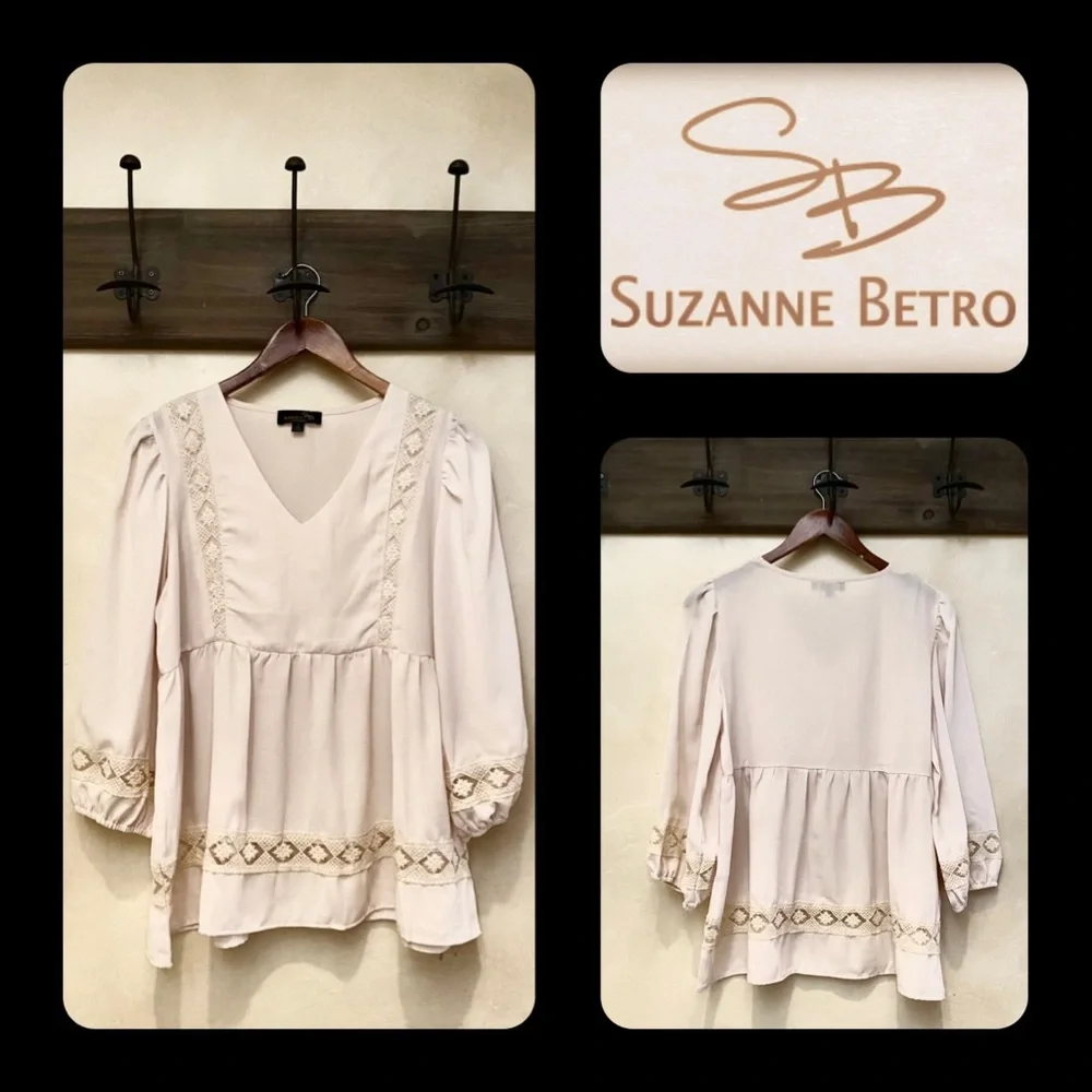 🪶3/$35 Ivory Lace Embroidered Babydoll 3/4 Sleeve SUZANNE BETRO Linen Blouse-S - Picture 1 of 16